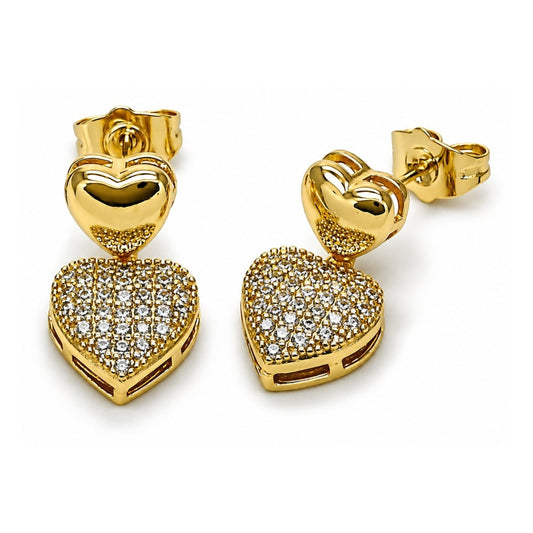 Oro Laminado Dangle Earring, Gold Filled Style Heart Design, with White Cubic Zirconia, Polished, Golden Finish