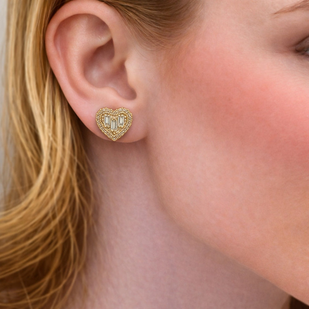 Oro Laminado Stud Earring, Gold Filled Style Heart and Baguette Design, with White Cubic Zirconia, Polished, Golden Finish