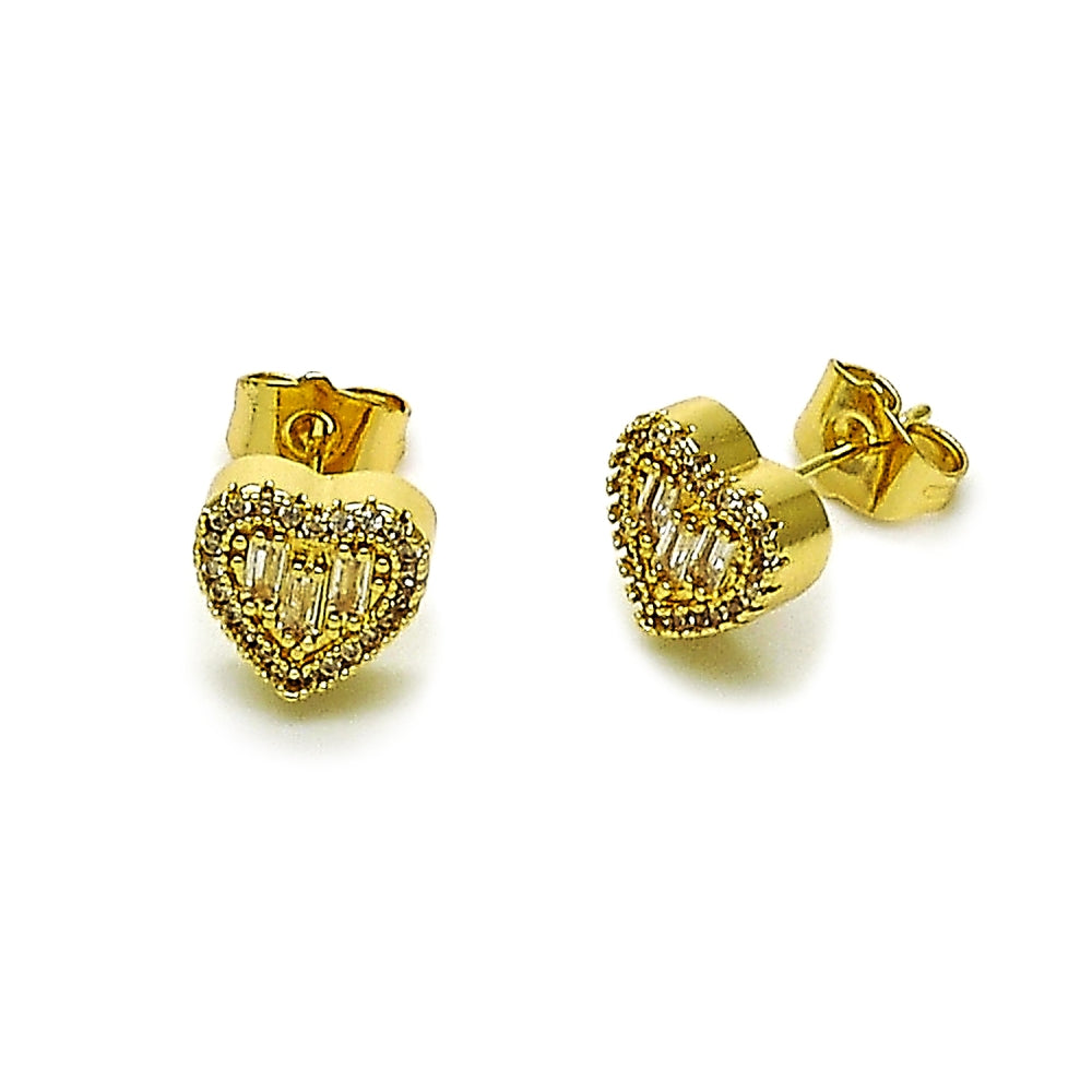 Oro Laminado Stud Earring, Gold Filled Style Heart and Baguette Design, with White Cubic Zirconia, Polished, Golden Finish