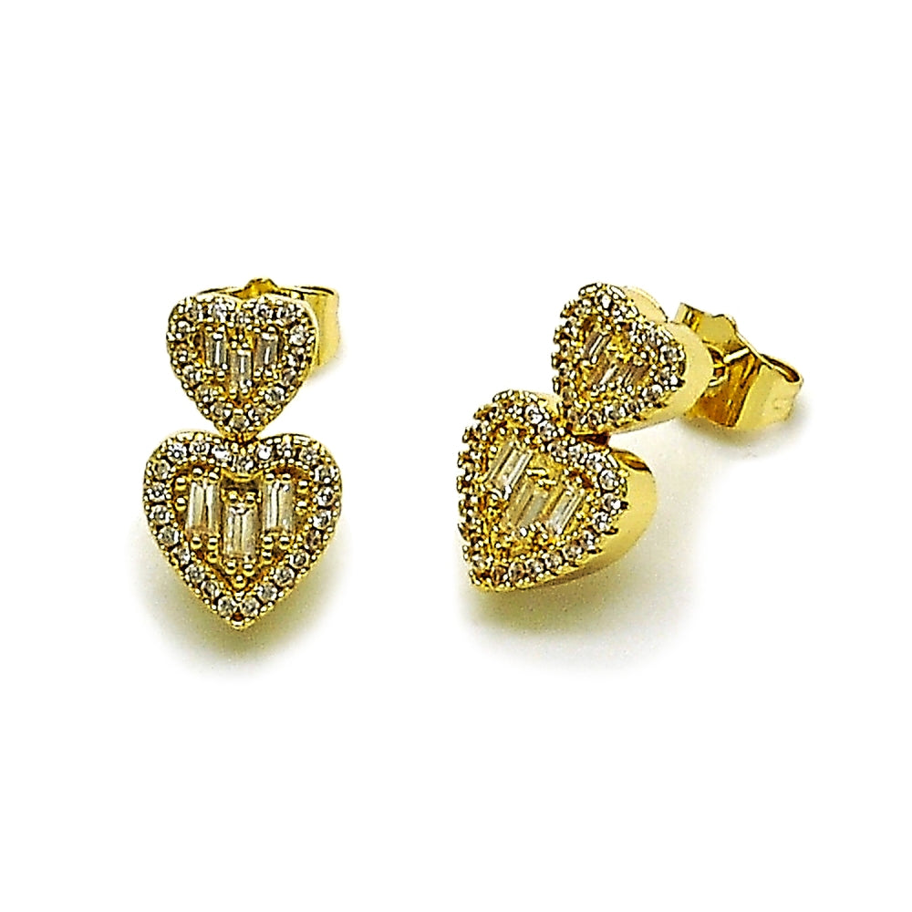 Oro Laminado Stud Earring, Gold Filled Style Heart and Baguette Design, with White Cubic Zirconia, Polished, Golden Finish