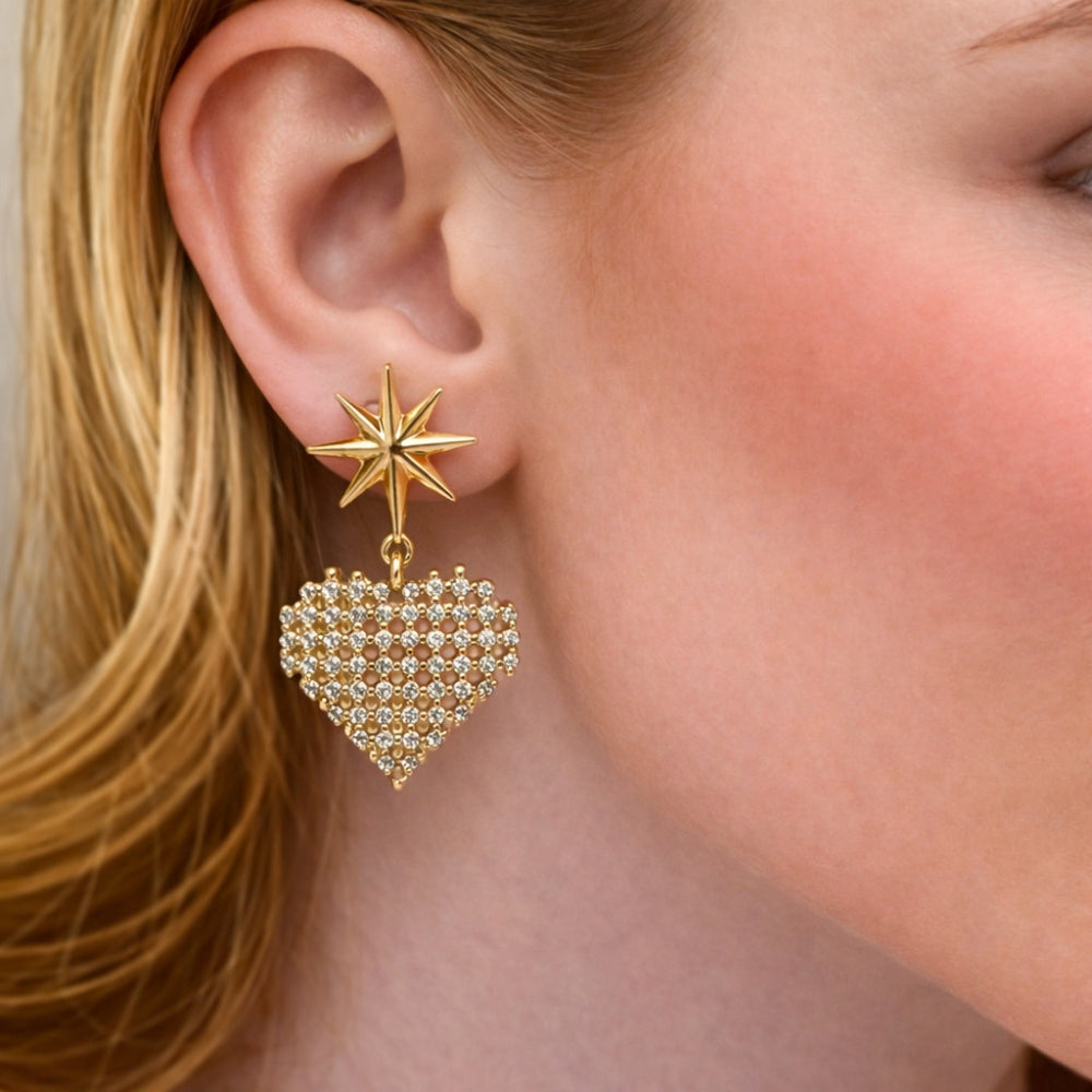 Oro Laminado Dangle Earring, Gold Filled Style Heart and Star Design, with White Cubic Zirconia, Polished, Golden Finish