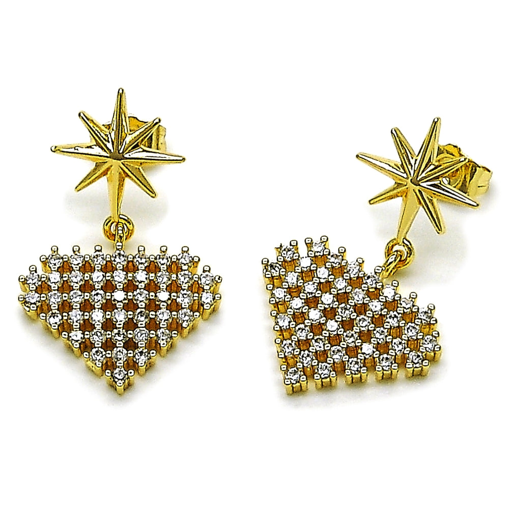 Oro Laminado Dangle Earring, Gold Filled Style Heart and Star Design, with White Cubic Zirconia, Polished, Golden Finish