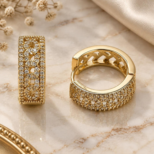 Oro Laminado Huggie Hoop, Gold Filled Style Miami Cuban Design, with White Cubic Zirconia, Polished, Golden Finish