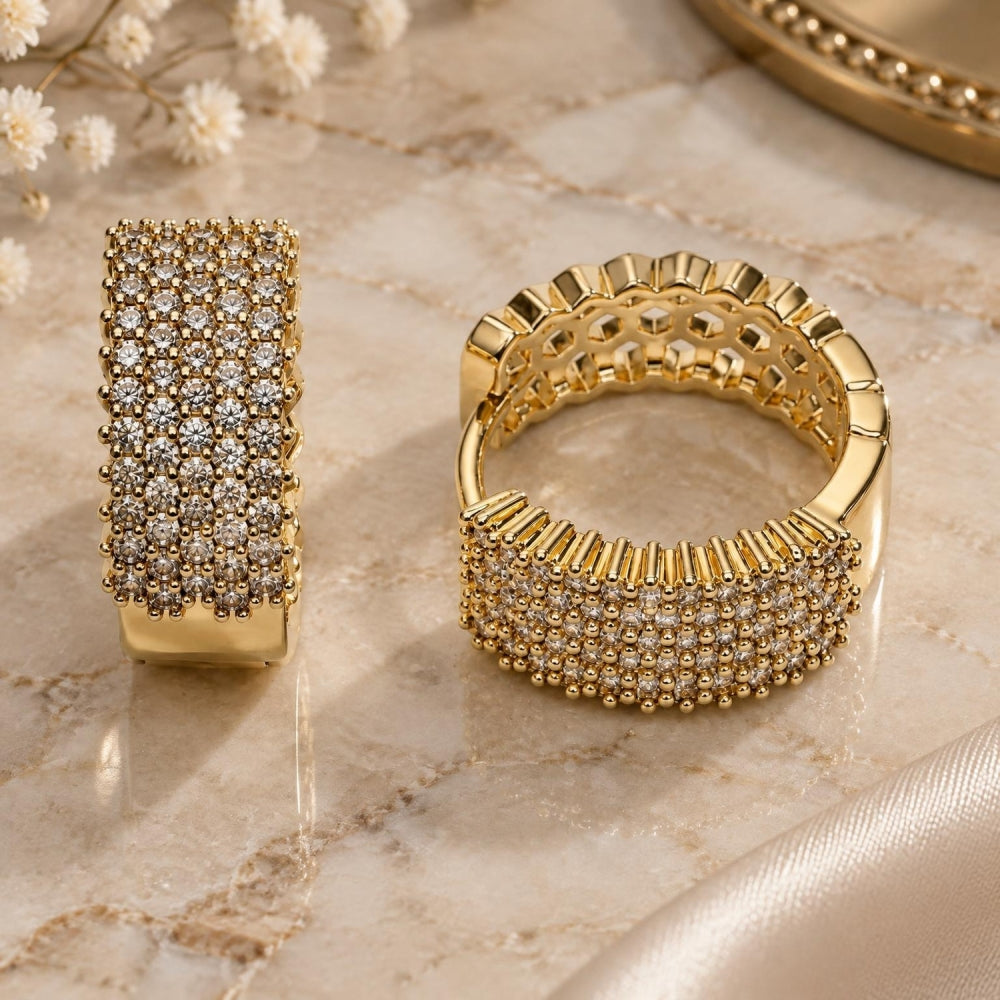 Oro Laminado Huggie Hoop, Gold Filled Style with White Cubic Zirconia, Polished, Golden Finish