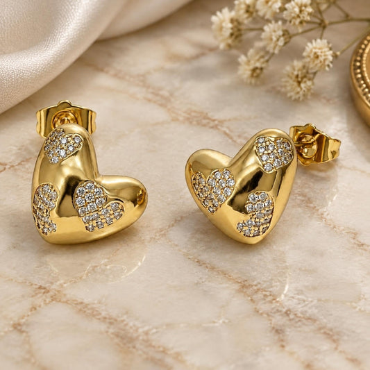 Oro Laminado Stud Earring, Gold Filled Style Heart Design, with White Cubic Zirconia, Polished, Golden Finish