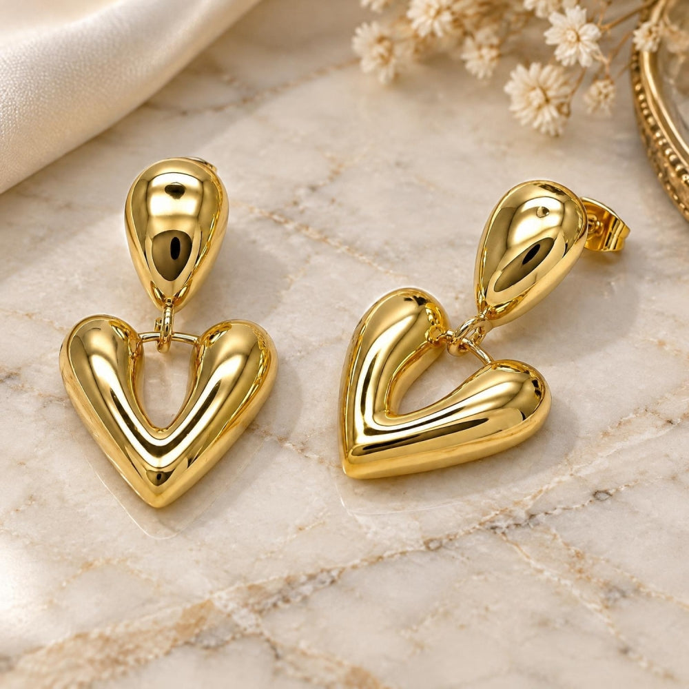 Oro Laminado Dangle Earring, Gold Filled Style Heart and Teardrop Design, Polished, Golden Finish