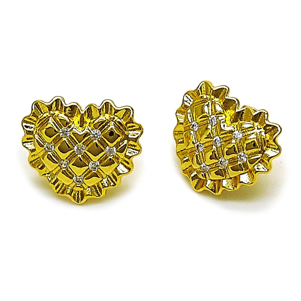 Oro Laminado Stud Earring, Gold Filled Style Heart Design, with White Cubic Zirconia, Diamond Cutting Finish, Golden Finish