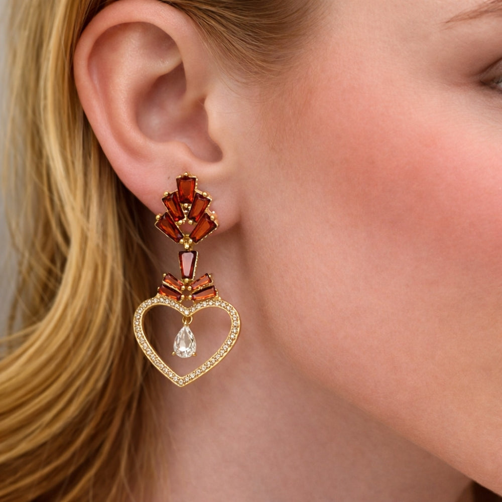 Oro Laminado Long Earring, Gold Filled Style Heart and Baguette Design, with Garnet Cubic Zirconia and White Micro Pave, Polished, Golden Finish