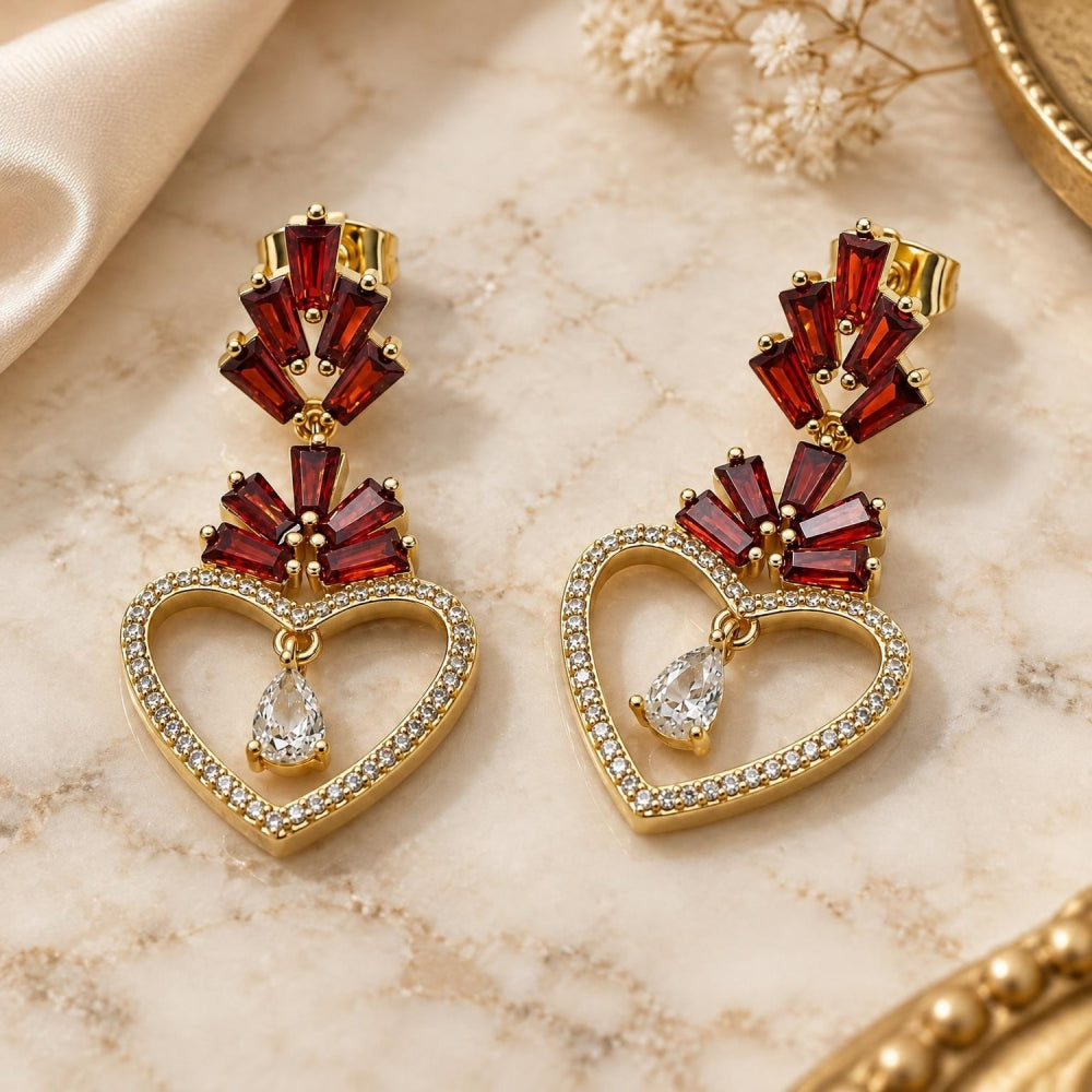 Oro Laminado Long Earring, Gold Filled Style Heart and Baguette Design, with Garnet Cubic Zirconia and White Micro Pave, Polished, Golden Finish