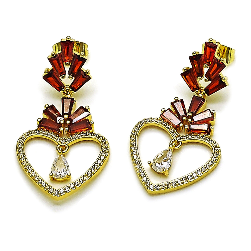 Oro Laminado Long Earring, Gold Filled Style Heart and Baguette Design, with Garnet Cubic Zirconia and White Micro Pave, Polished, Golden Finish