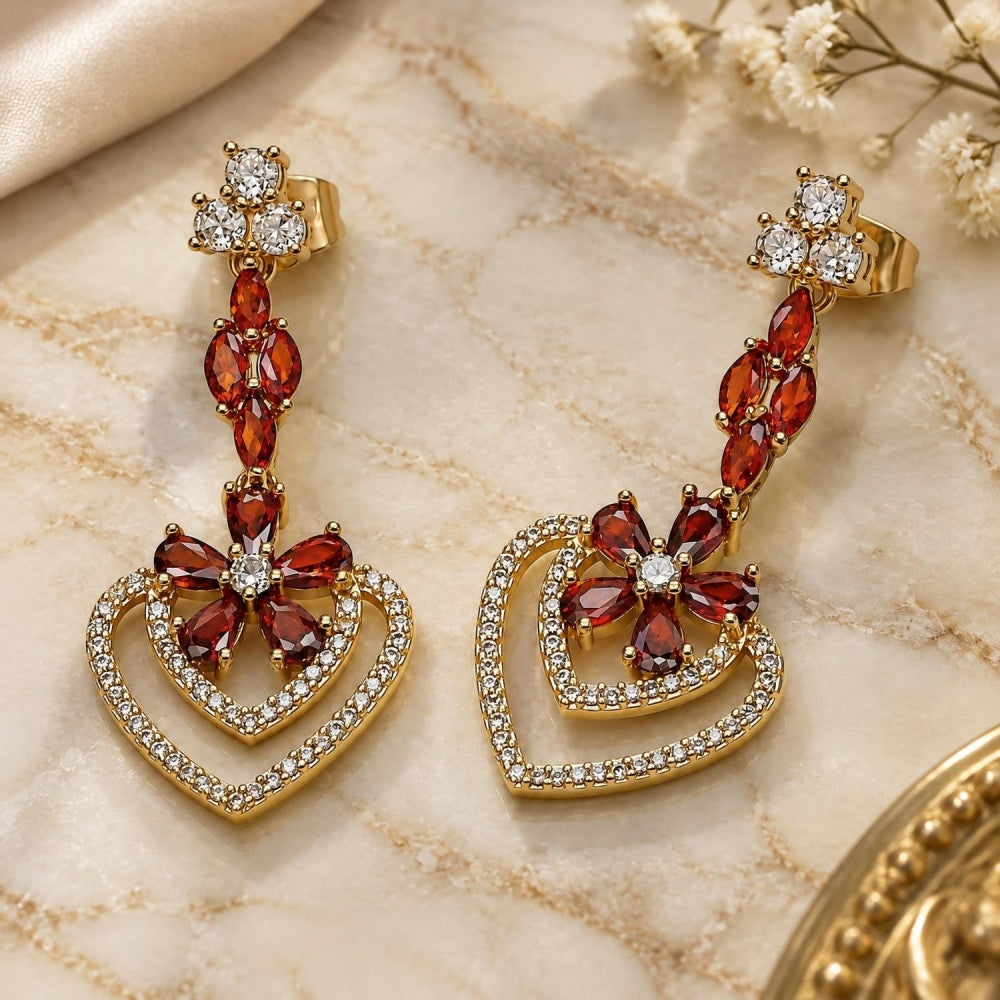 Oro Laminado Long Earring, Gold Filled Style Heart and Flower Design, with Garnet Cubic Zirconia and White Micro Pave, Polished, Golden Finish