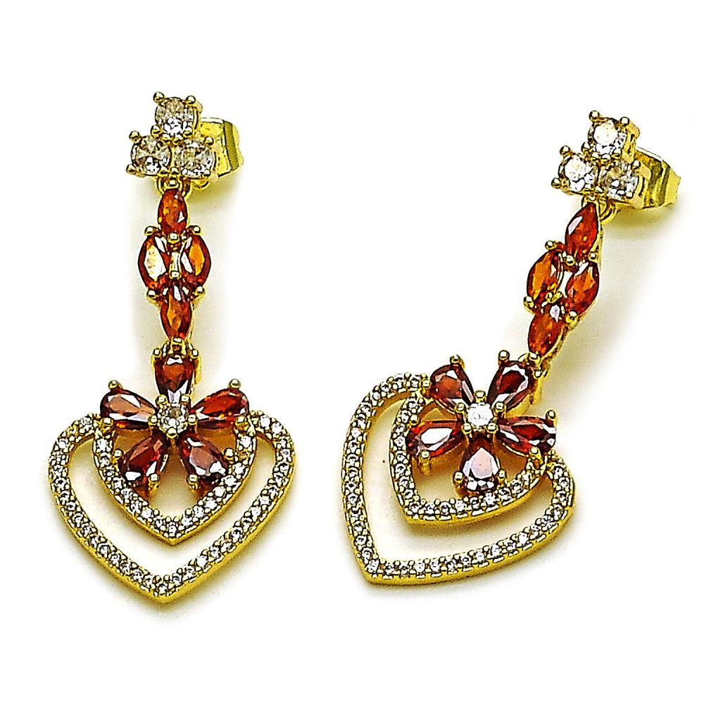 Oro Laminado Long Earring, Gold Filled Style Heart and Flower Design, with Garnet Cubic Zirconia and White Micro Pave, Polished, Golden Finish