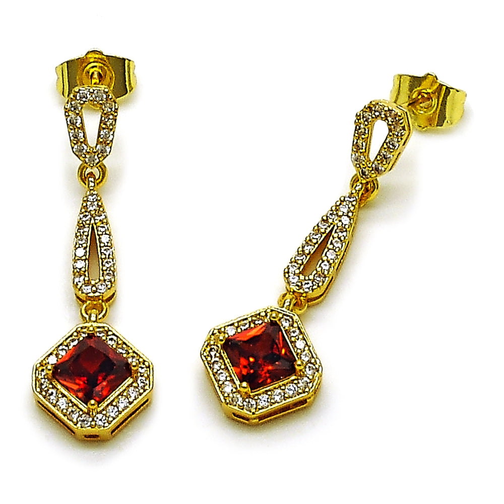 Oro Laminado Long Earring, Gold Filled Style Cluster Design, with Garnet Cubic Zirconia and White Micro Pave, Polished, Golden Finish