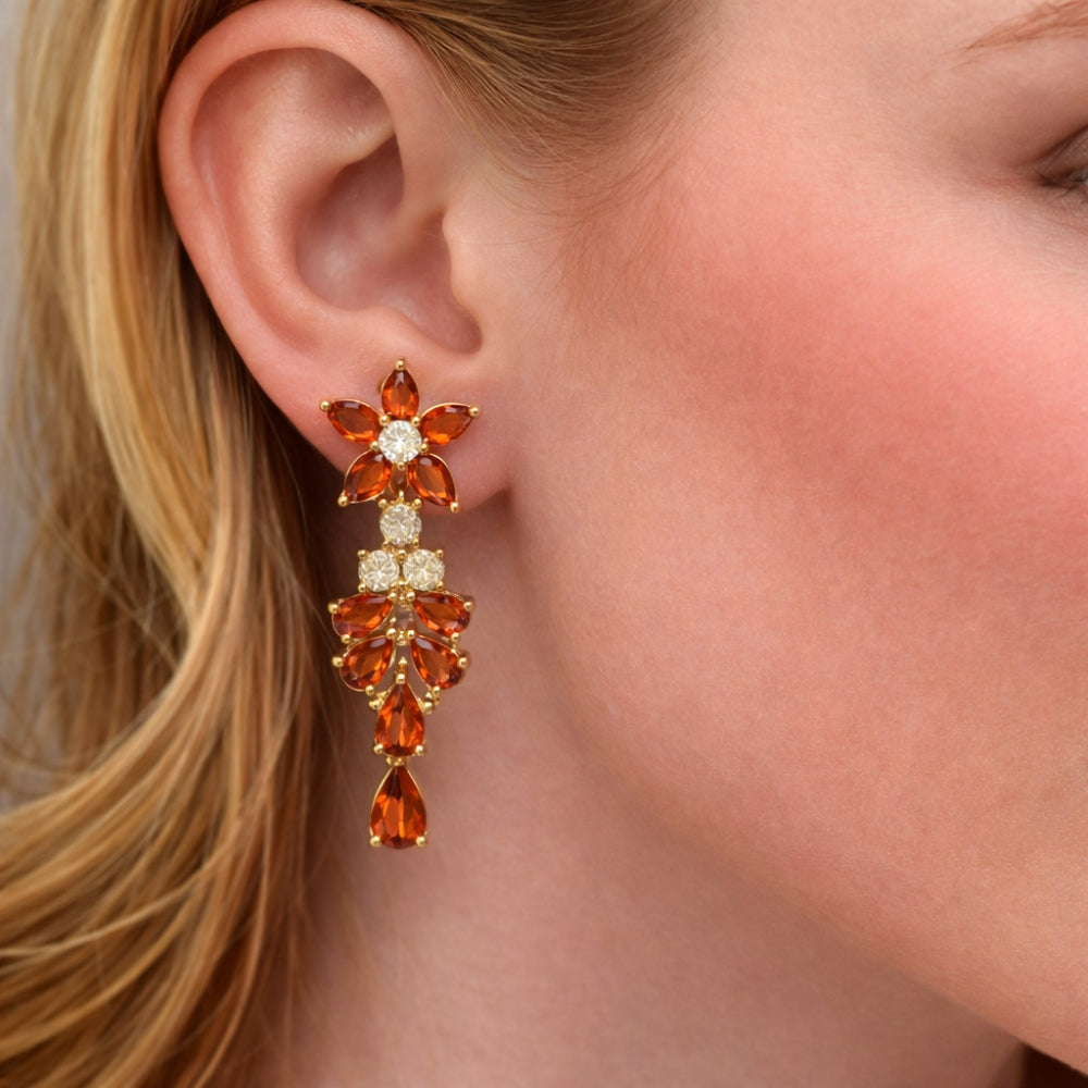 Oro Laminado Long Earring, Gold Filled Style Flower and Teardrop Design, with Garnet and White Cubic Zirconia, Polished, Golden Finish