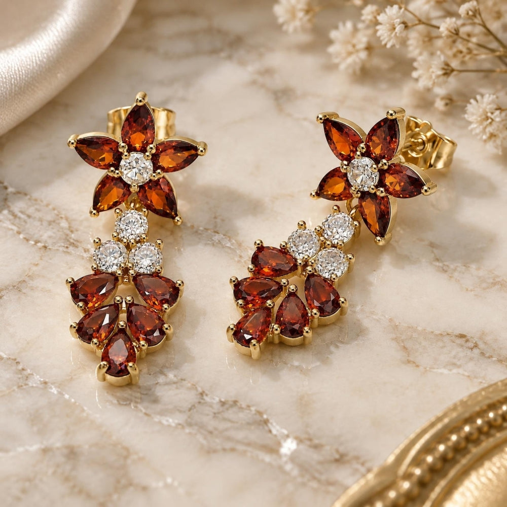 Oro Laminado Long Earring, Gold Filled Style Flower and Teardrop Design, with Garnet and White Cubic Zirconia, Polished, Golden Finish