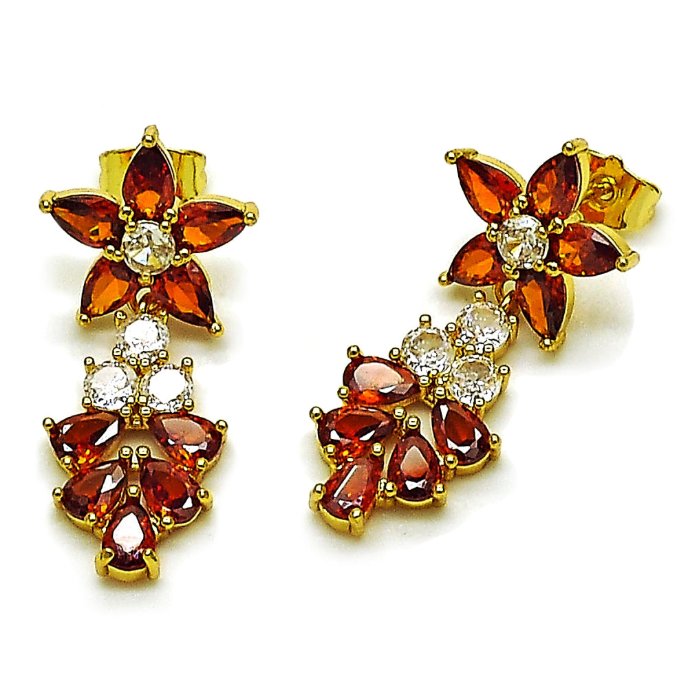 Oro Laminado Long Earring, Gold Filled Style Flower and Teardrop Design, with Garnet and White Cubic Zirconia, Polished, Golden Finish