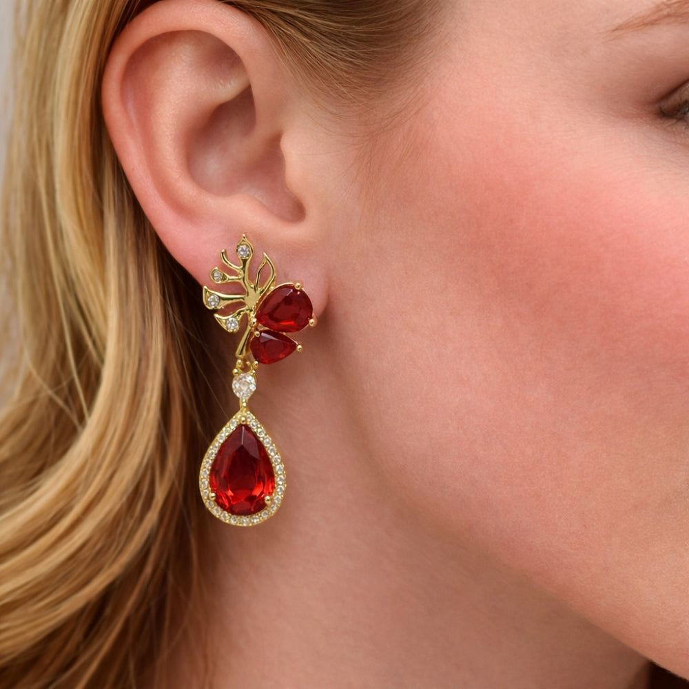 Oro Laminado Long Earring, Gold Filled Style Leaf and Teardrop Design, with Garnet Cubic Zirconia and White Micro Pave, Polished, Golden Finish