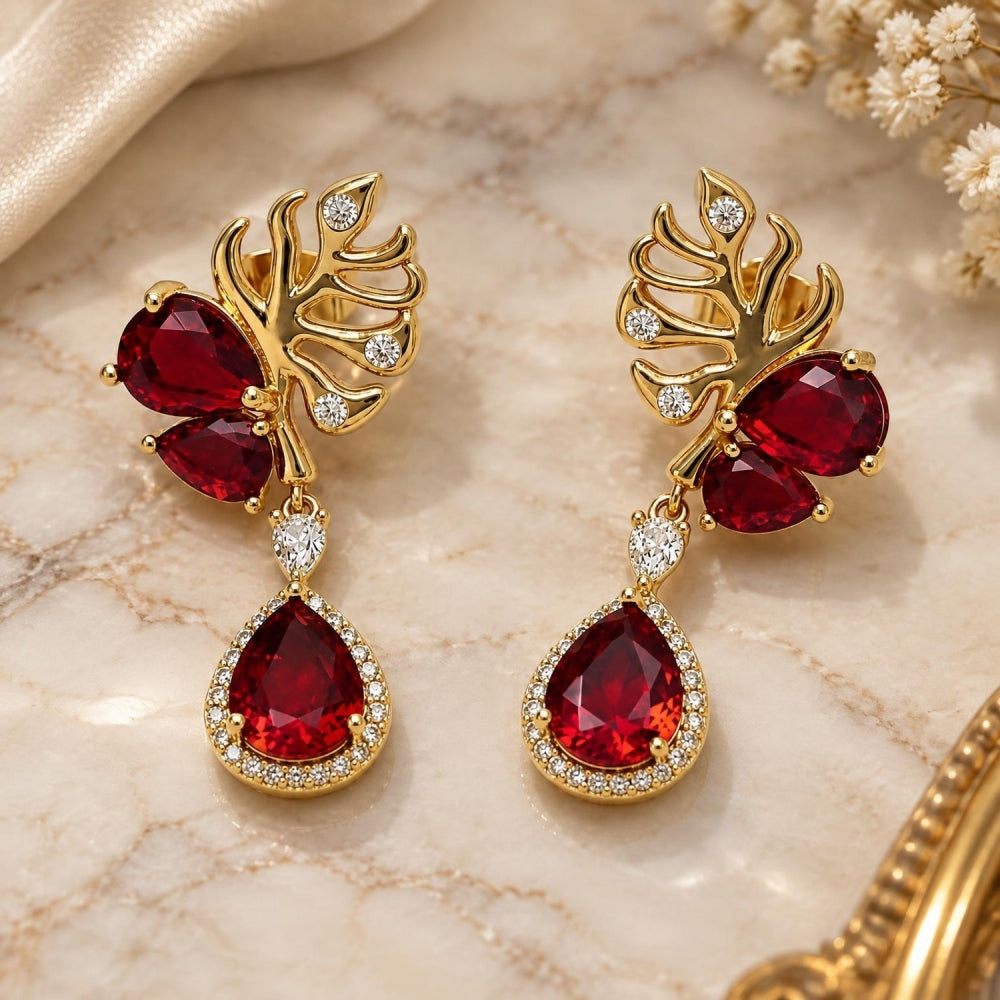 Oro Laminado Long Earring, Gold Filled Style Leaf and Teardrop Design, with Garnet Cubic Zirconia and White Micro Pave, Polished, Golden Finish