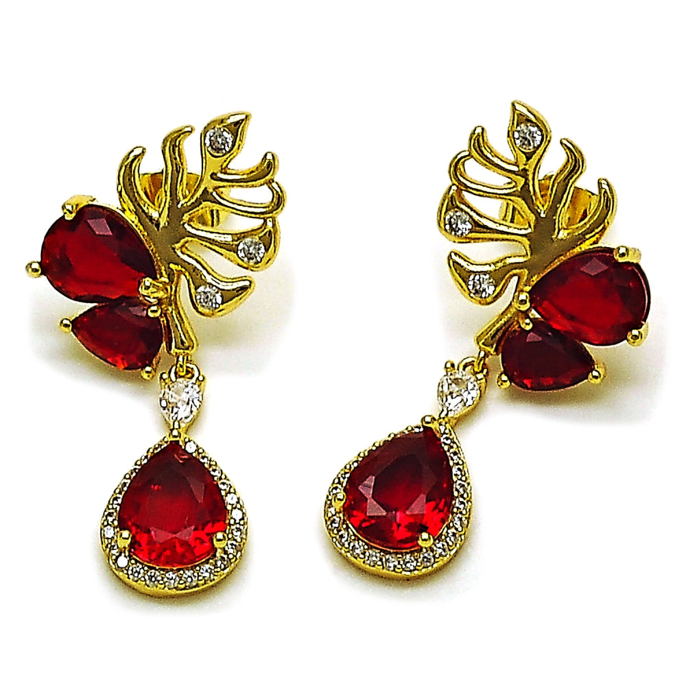 Oro Laminado Long Earring, Gold Filled Style Leaf and Teardrop Design, with Garnet Cubic Zirconia and White Micro Pave, Polished, Golden Finish
