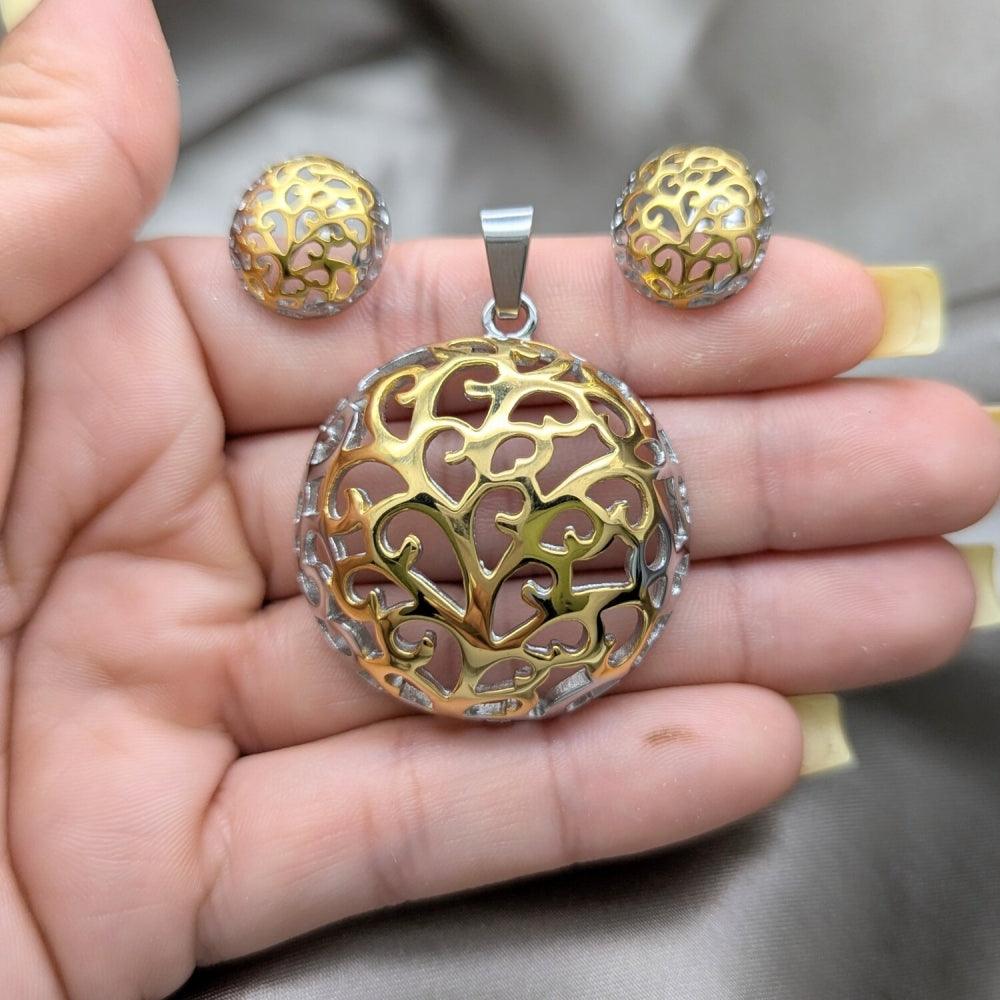 Stainless Steel Necklace and Earring, Tree Design, Polished, Two Tone