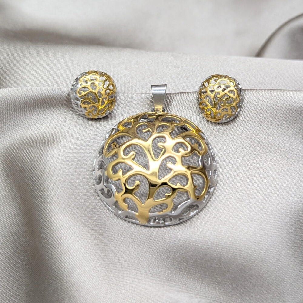 Stainless Steel Necklace and Earring, Tree Design, Polished, Two Tone