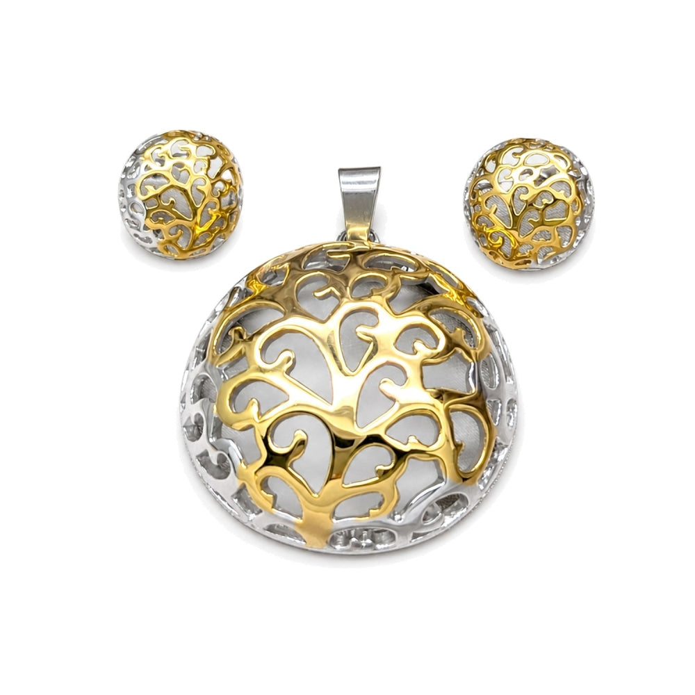 Stainless Steel Necklace and Earring, Tree Design, Polished, Two Tone