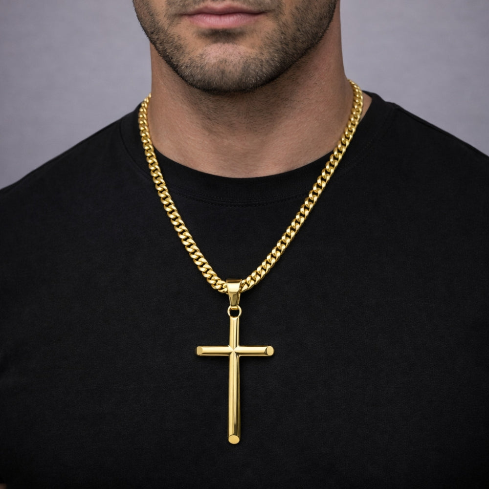 Oro Laminado Religious Pendant, Gold Filled Style Cross Design, Polished, Golden Finish