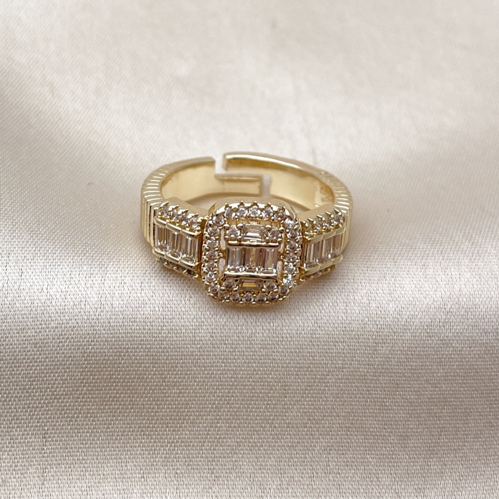 Oro Laminado Multi Stone Ring, Gold Filled Style Baguette and Cluster Design, with White Cubic Zirconia and White Micro Pave, Polished, Golden Finish