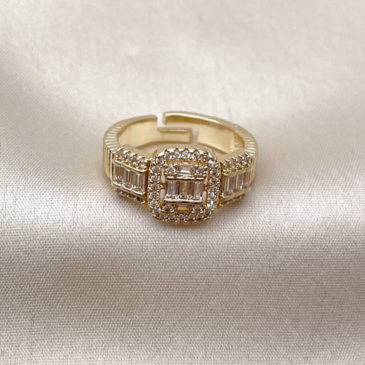 Oro Laminado Multi Stone Ring, Gold Filled Style Baguette and Cluster Design, with White Cubic Zirconia and White Micro Pave, Polished, Golden Finish