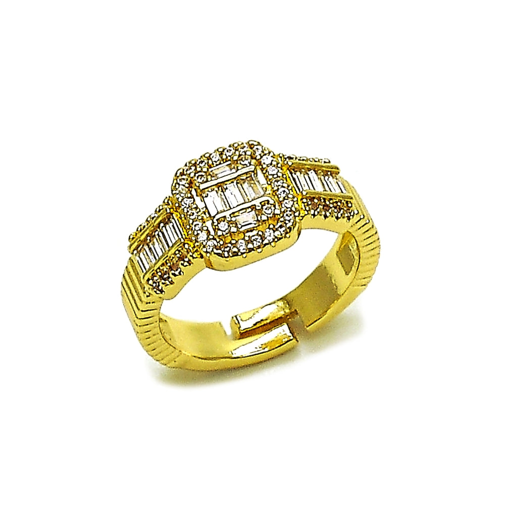Oro Laminado Multi Stone Ring, Gold Filled Style Baguette and Cluster Design, with White Cubic Zirconia and White Micro Pave, Polished, Golden Finish