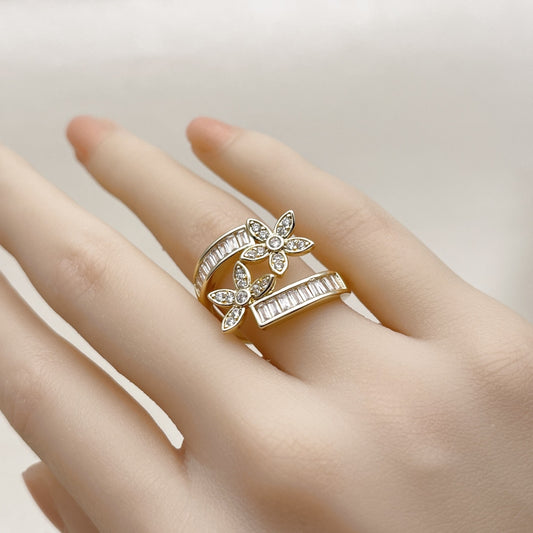 Oro Laminado Multi Stone Ring, Gold Filled Style Flower and Baguette Design, with White Cubic Zirconia, Polished, Golden Finish
