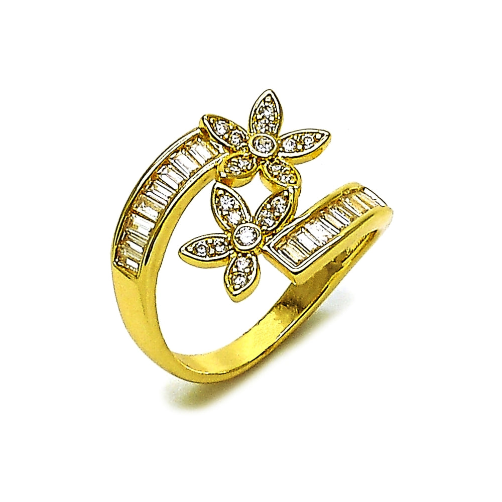 Oro Laminado Multi Stone Ring, Gold Filled Style Flower and Baguette Design, with White Cubic Zirconia, Polished, Golden Finish