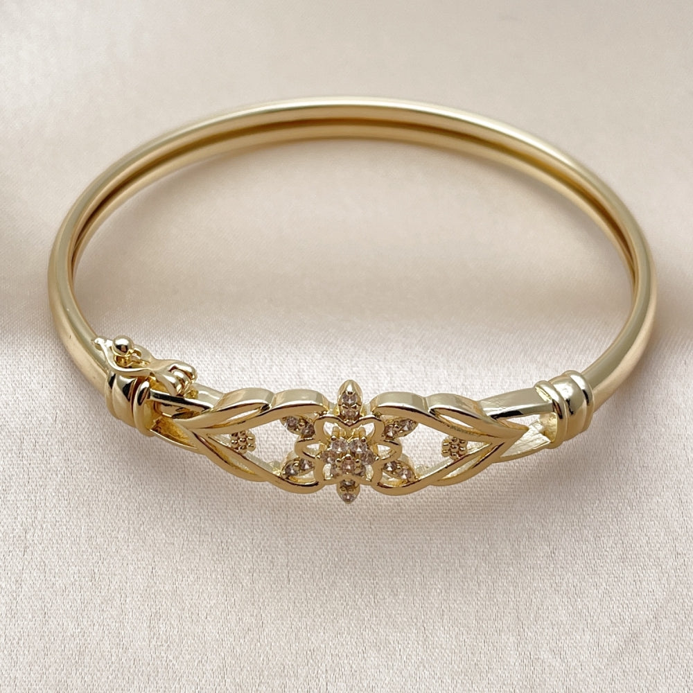 Oro Laminado Individual Bangle, Gold Filled Style Flower Design, with White Cubic Zirconia, Polished, Golden Finish