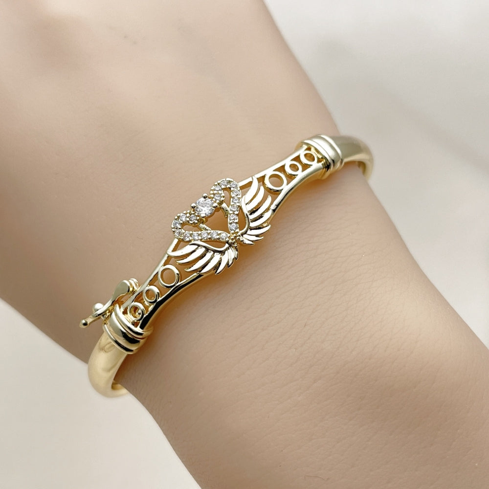 Oro Laminado Individual Bangle, Gold Filled Style Swan Design, with White Cubic Zirconia, Polished, Golden Finish