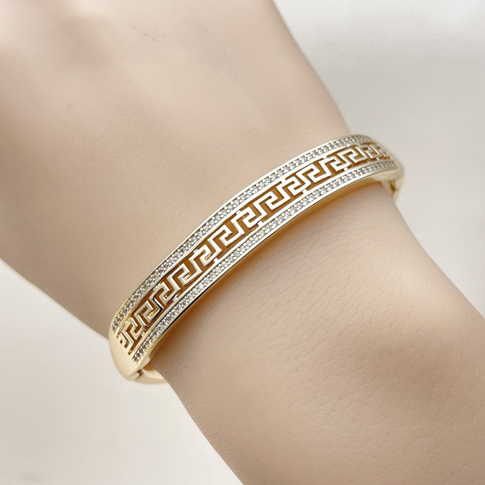 Oro Laminado Individual Bangle, Gold Filled Style Greek Key Design, with White Micro Pave, Polished, Golden Finish