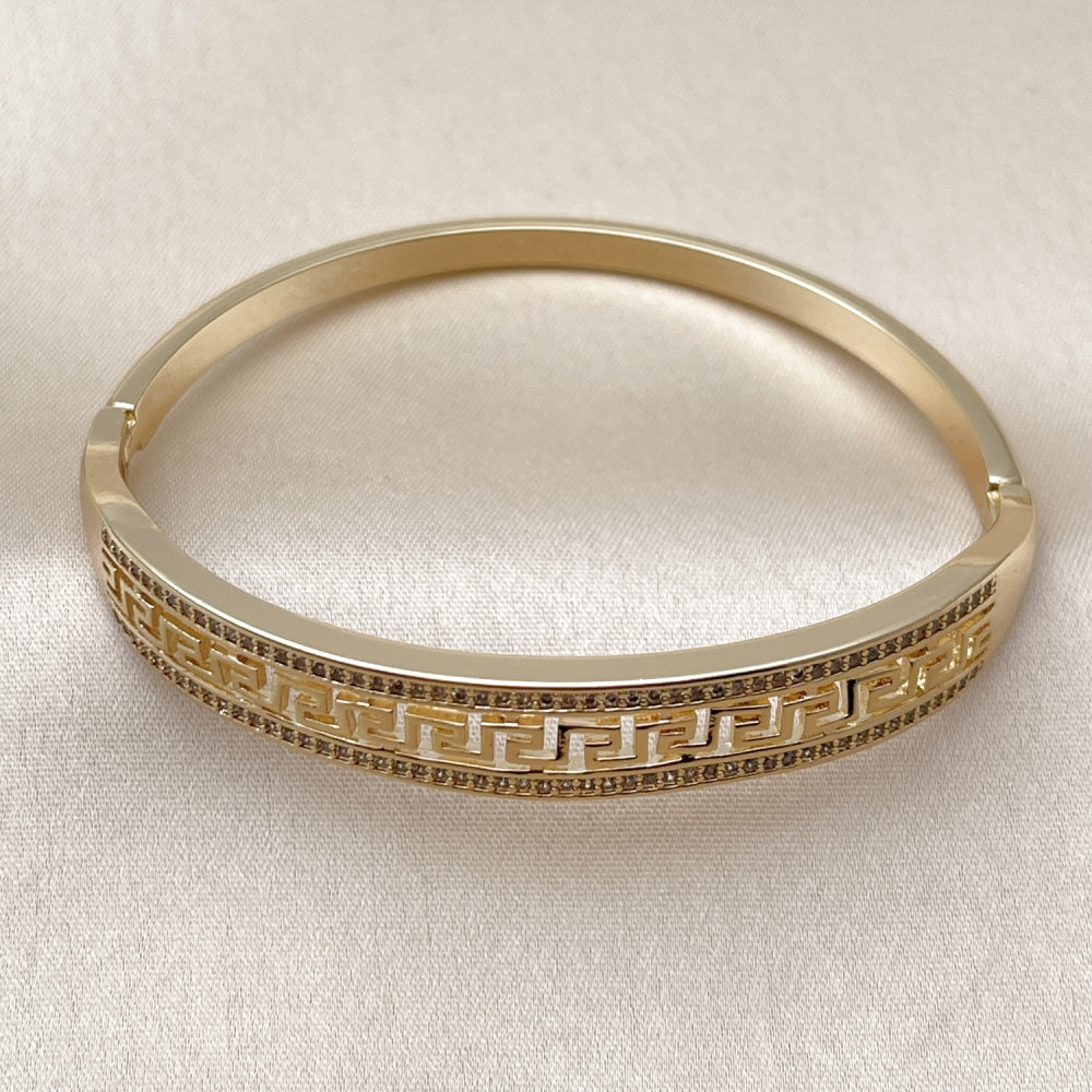 Oro Laminado Individual Bangle, Gold Filled Style Greek Key Design, with White Micro Pave, Polished, Golden Finish