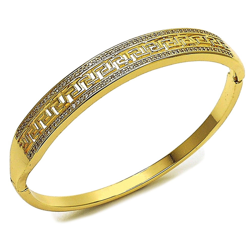 Oro Laminado Individual Bangle, Gold Filled Style Greek Key Design, with White Micro Pave, Polished, Golden Finish