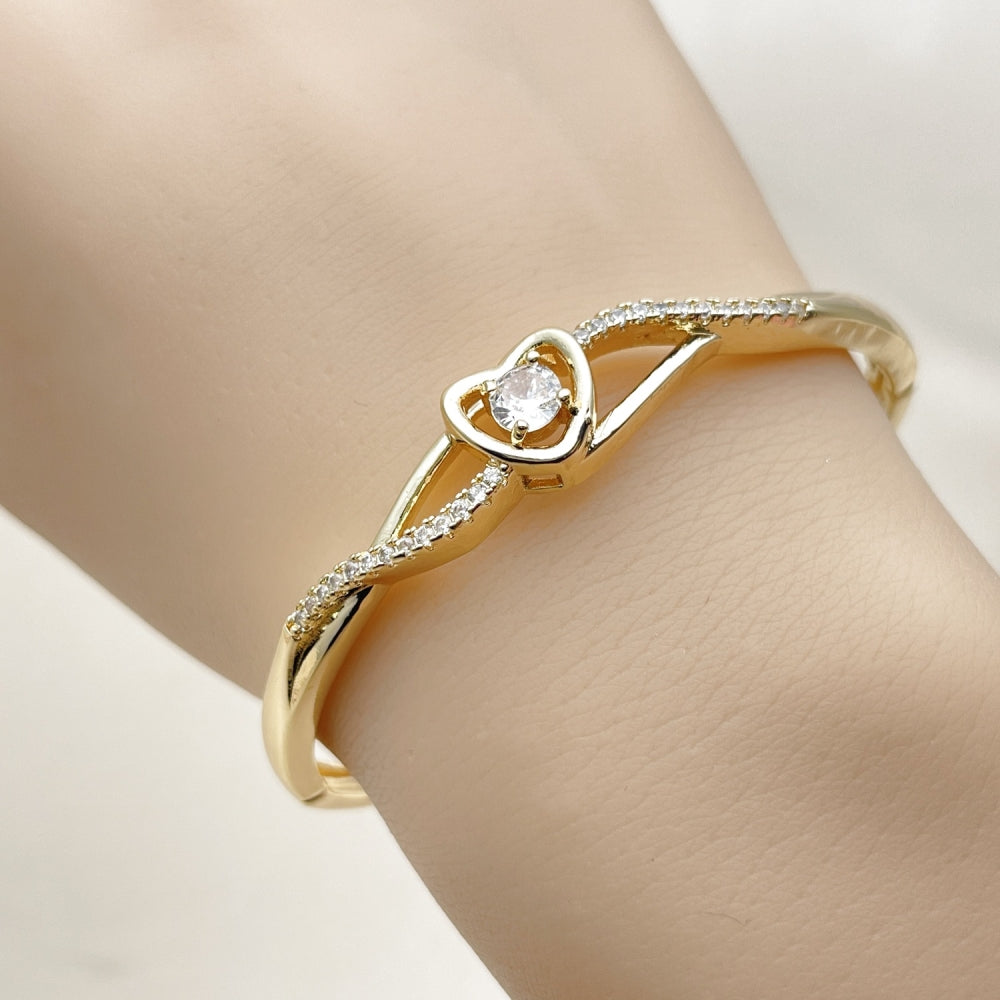 Oro Laminado Individual Bangle, Gold Filled Style Heart and Infinite Design, with White Cubic Zirconia, Polished, Golden Finish