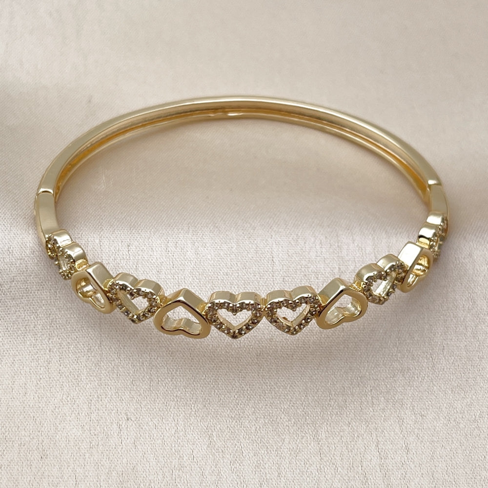 Oro Laminado Individual Bangle, Gold Filled Style Heart Design, with White Micro Pave, Polished, Golden Finish