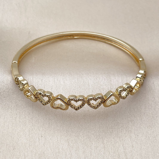Oro Laminado Individual Bangle, Gold Filled Style Heart Design, with White Micro Pave, Polished, Golden Finish