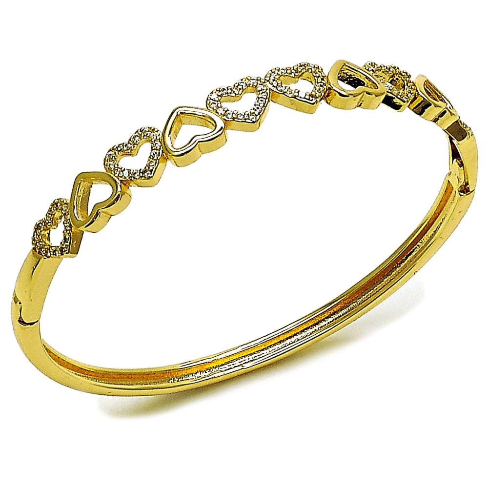 Oro Laminado Individual Bangle, Gold Filled Style Heart Design, with White Micro Pave, Polished, Golden Finish