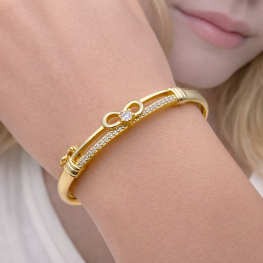Oro Laminado Individual Bangle, Gold Filled Style Infinite Design, with White Cubic Zirconia, Polished, Golden Finish