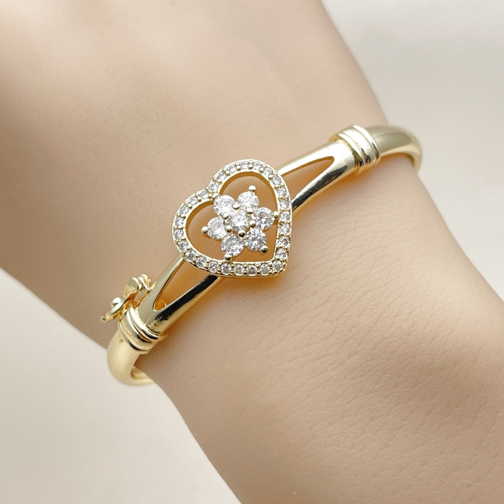 Oro Laminado Individual Bangle, Gold Filled Style Heart and Flower Design, with White Cubic Zirconia, Polished, Golden Finish