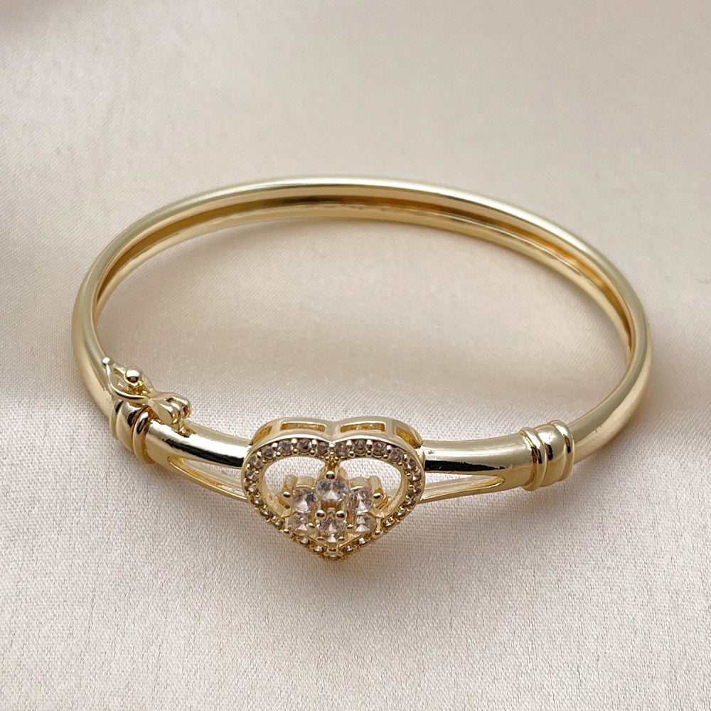Oro Laminado Individual Bangle, Gold Filled Style Heart and Flower Design, with White Cubic Zirconia, Polished, Golden Finish