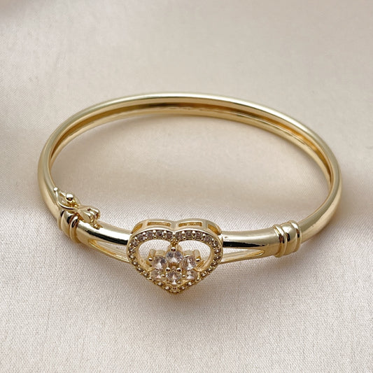 Oro Laminado Individual Bangle, Gold Filled Style Heart and Flower Design, with White Cubic Zirconia, Polished, Golden Finish