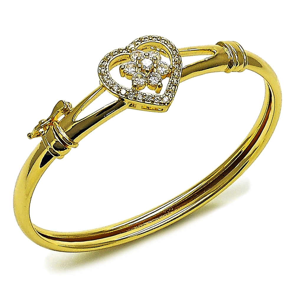 Oro Laminado Individual Bangle, Gold Filled Style Heart and Flower Design, with White Cubic Zirconia, Polished, Golden Finish