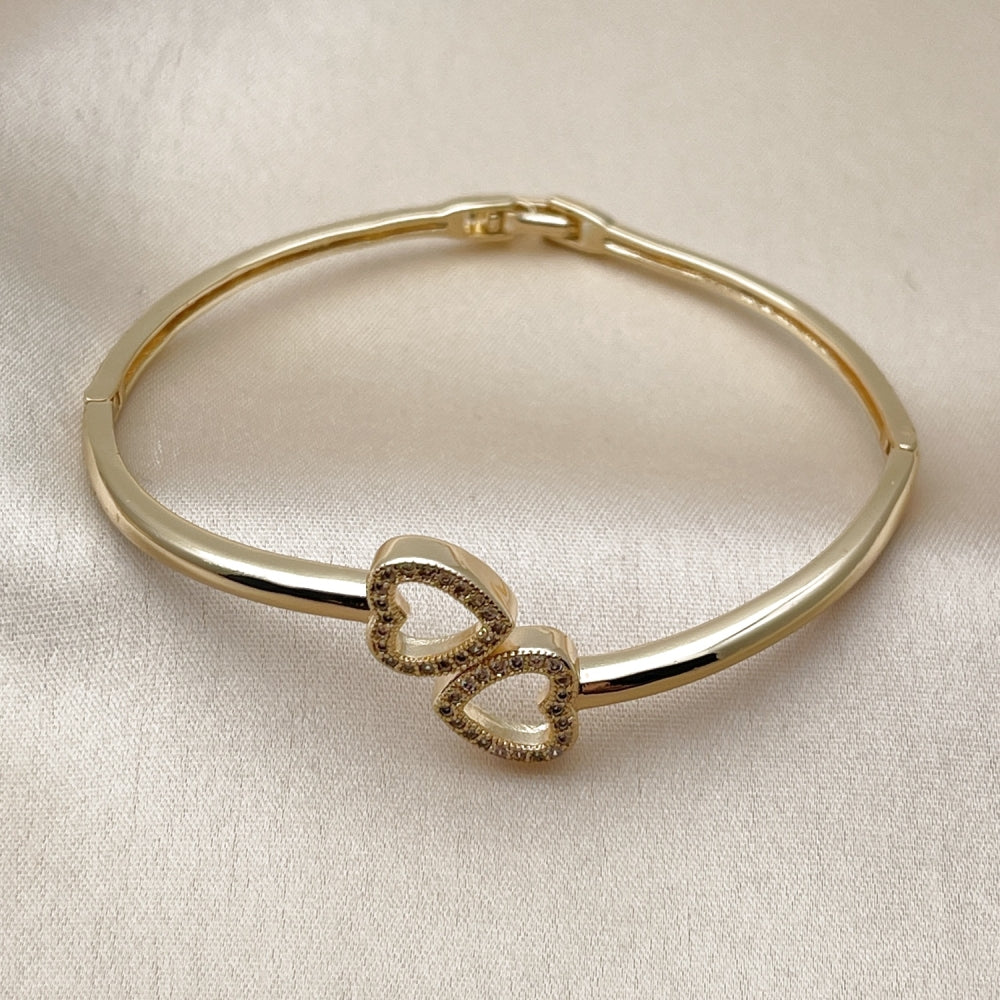 Oro Laminado Individual Bangle, Gold Filled Style Heart Design, with White Micro Pave, Polished, Golden Finish