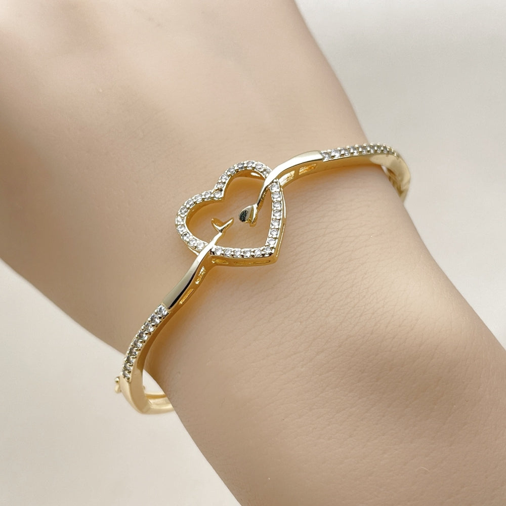 Oro Laminado Individual Bangle, Gold Filled Style Heart Design, with White Cubic Zirconia, Polished, Golden Finish