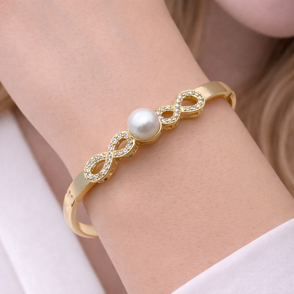Oro Laminado Individual Bangle, Gold Filled Style Infinite and Ball Design, with White Cubic Zirconia and Ivory Pearl, Polished, Golden Finish