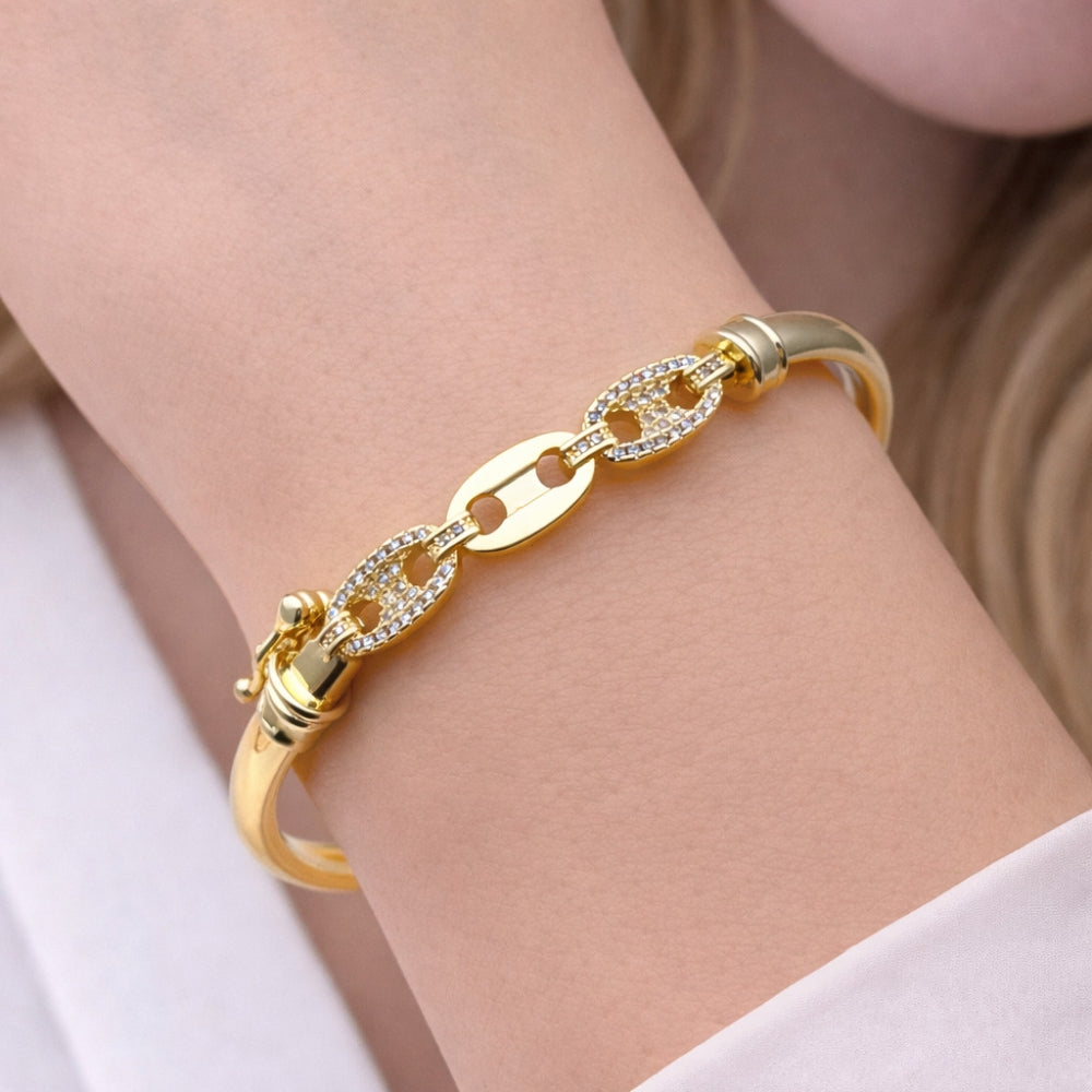 Oro Laminado Individual Bangle, Gold Filled Style Puff Mariner Design, with White Micro Pave, Polished, Golden Finish